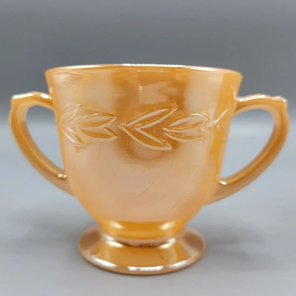 Vintage Orange Lustre Fire King Creamer & Sugar Set Laurel Leaf Glass Oven Ware